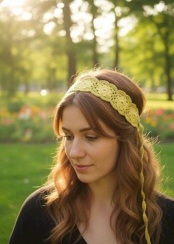 Sarı ve fıstık yeşili Dantel Örgü Bohem Saç Bandı - Görsel 3
