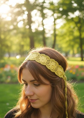 Sarı ve fıstık yeşili Dantel Örgü Bohem Saç Bandı - Görsel 2