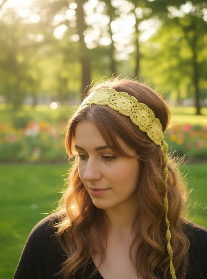 Sarı ve fıstık yeşili Dantel Örgü Bohem Saç Bandı - Görsel 3