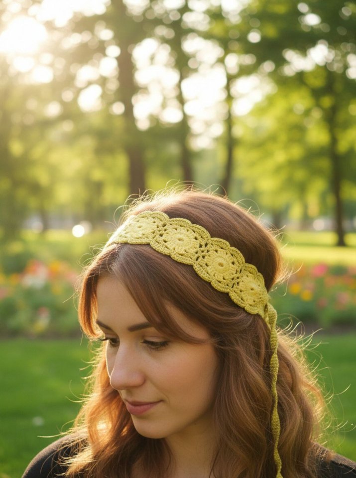 Sarı ve fıstık yeşili Dantel Örgü Bohem Saç Bandı - Görsel 2