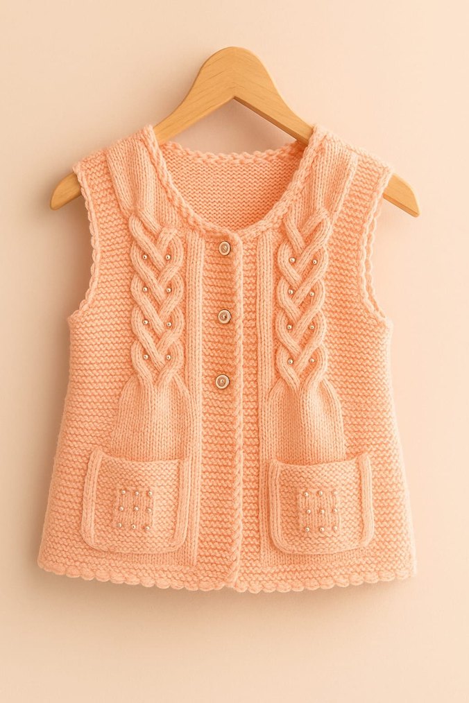 Kız Çocuk Pembe Örgü Kolsuz Yelek - Görsel 2