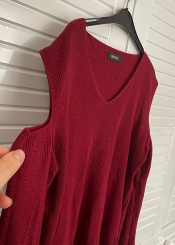 Bordo V Yaka Kadın Örgü Yün Kazak - Görsel 3