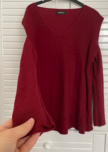 Bordo V Yaka Kadın Örgü Yün Kazak - Görsel 2