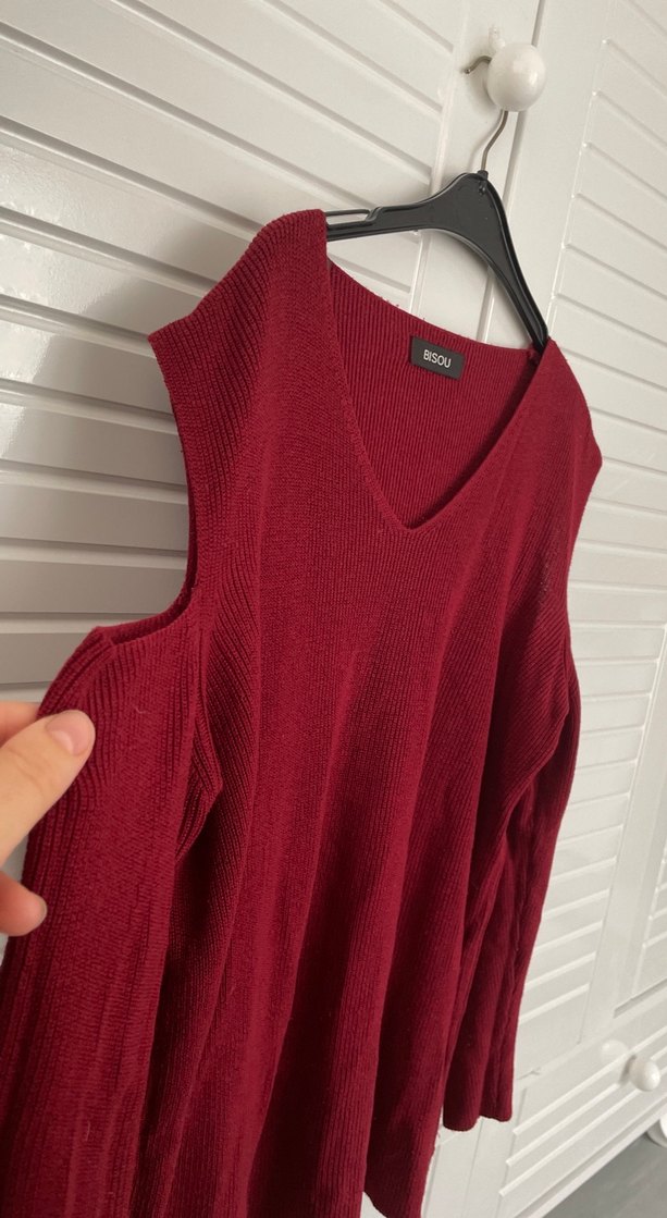 Bordo V Yaka Kadın Örgü Yün Kazak - Görsel 3