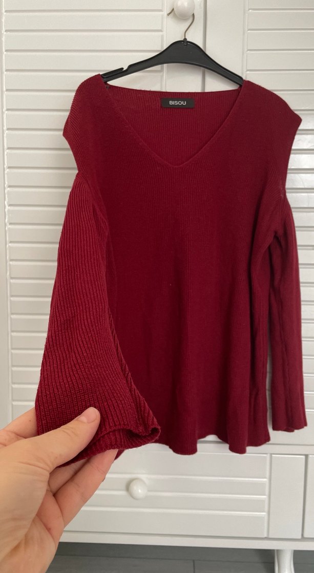 Bordo V Yaka Kadın Örgü Yün Kazak - Görsel 2