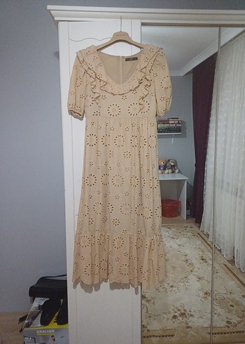 Bej Nakışlı Bohem Uzun Elbise - Görsel 8