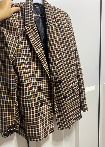 l Beden kahverengi Renk Kahverengi Ekose Kadın Blazer Ceket