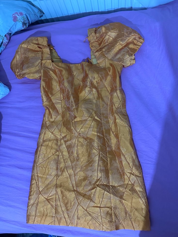 Kısa Kollu turuncu sırt dekonteli  Desenli Kadın Elbise - Görsel 2