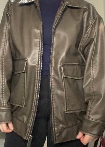 Gevşek Kesim Haki Deri Ceket - Görsel 5