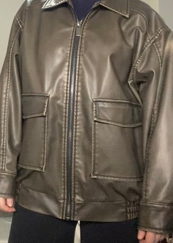 Gevşek Kesim Haki Deri Ceket - Görsel 6
