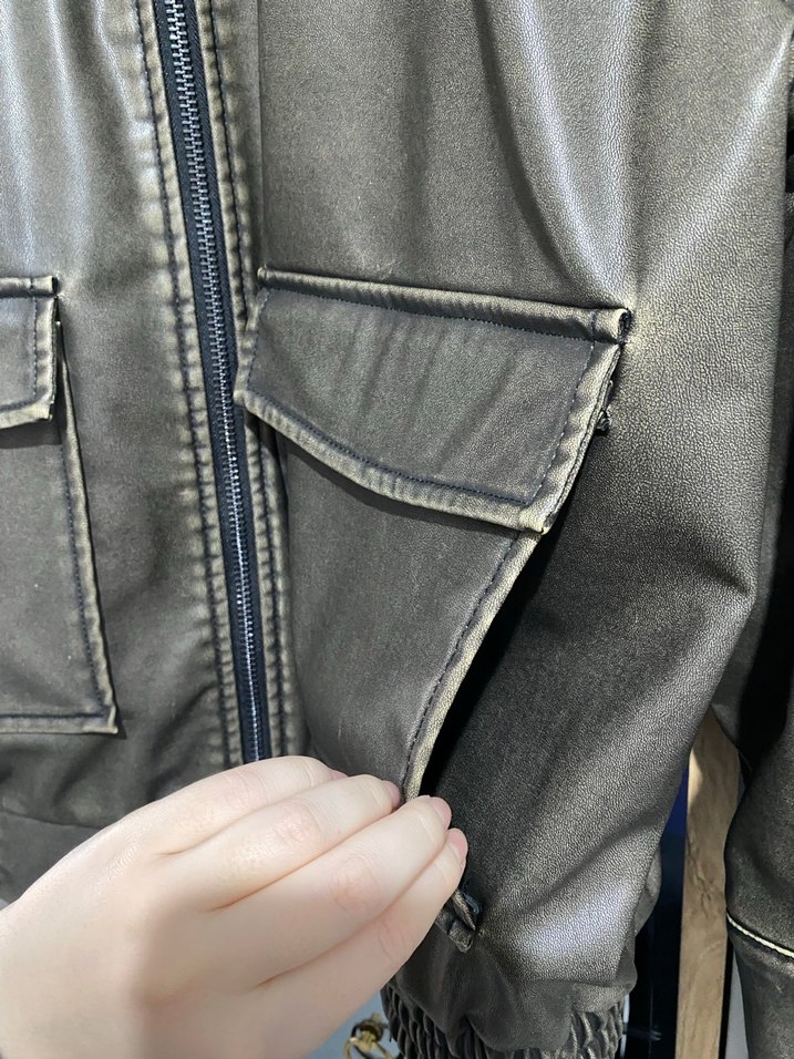 Gevşek Kesim Haki Deri Ceket - Görsel 2