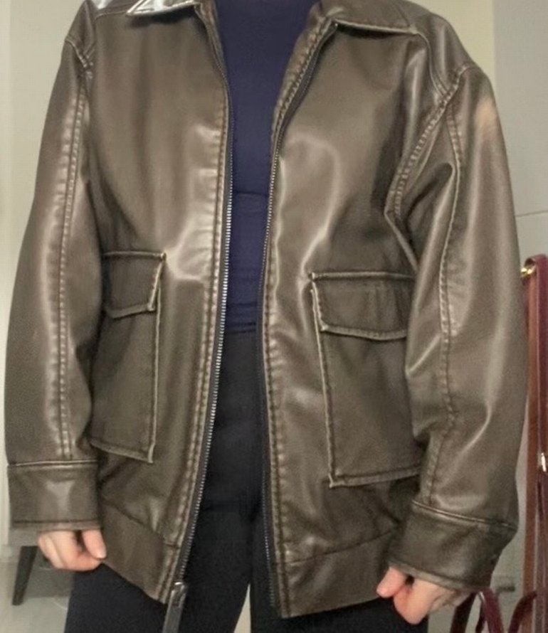 Gevşek Kesim Haki Deri Ceket - Görsel 5