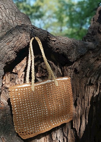 Örgü Bohem Kadın Çanta - Açık Kahverengi - Görsel 3