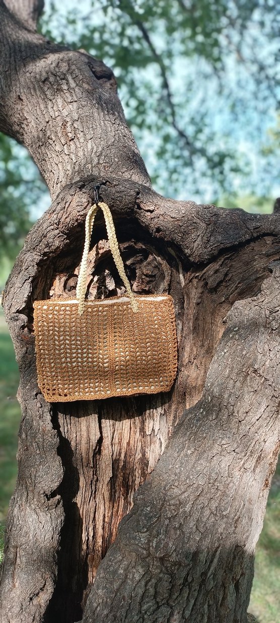 Örgü Bohem Kadın Çanta - Açık Kahverengi - Görsel 2