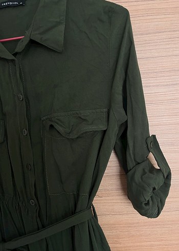 Kemerli Haki midi gömlek Elbise - Görsel 4