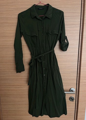 Kemerli Haki midi gömlek Elbise - Görsel 2