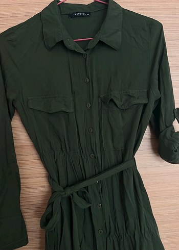 Kemerli Haki midi gömlek Elbise - Görsel 5
