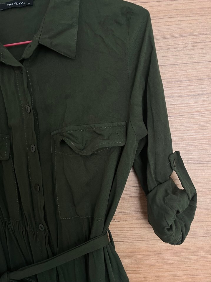 Kemerli Haki midi gömlek Elbise - Görsel 4