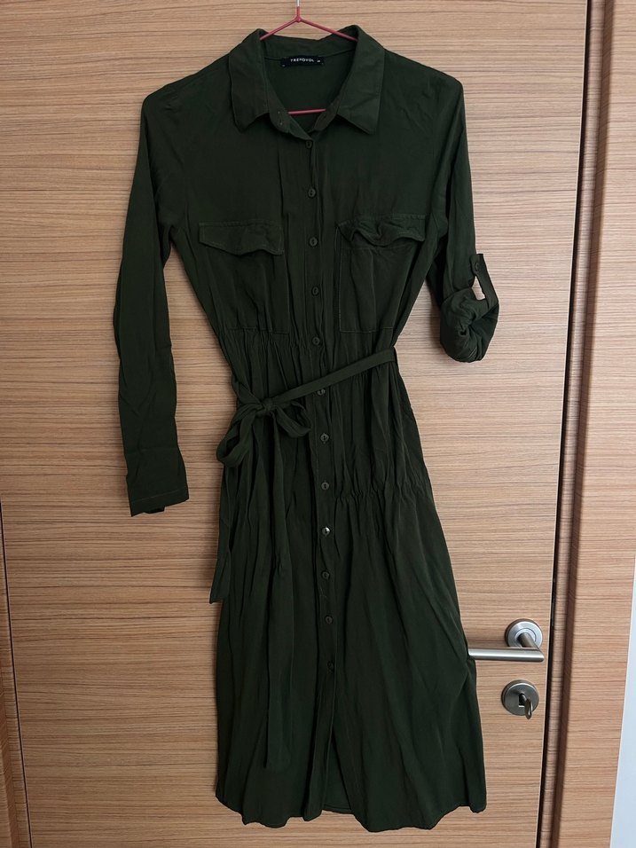 Kemerli Haki midi gömlek Elbise - Görsel 2