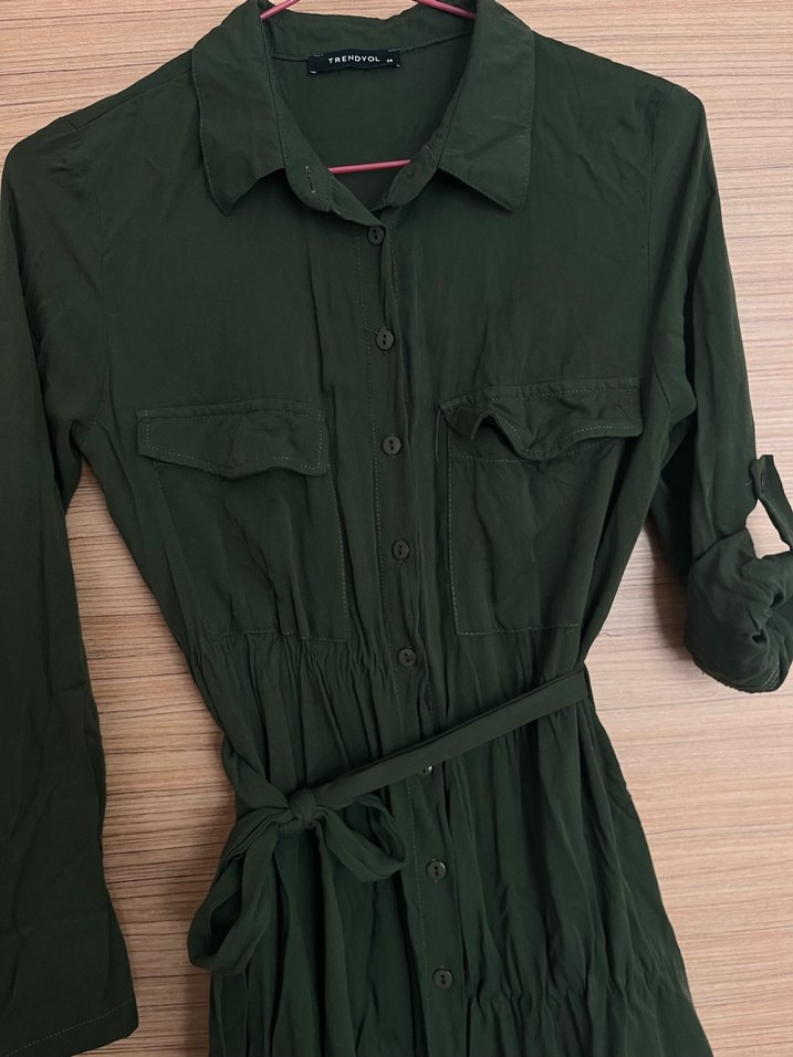 Kemerli Haki midi gömlek Elbise - Görsel 5