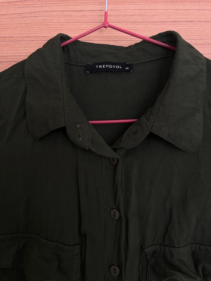 Kemerli Haki midi gömlek Elbise - Görsel 3