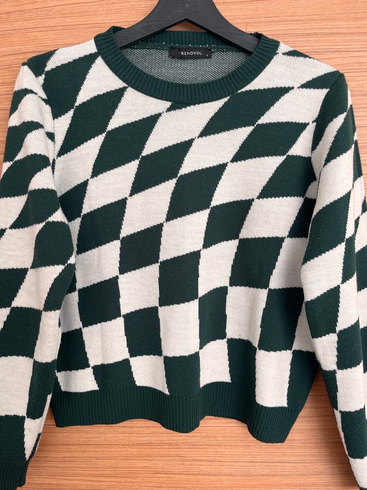 Kadın Yeşil Kareli Triko Kazak - Görsel 4