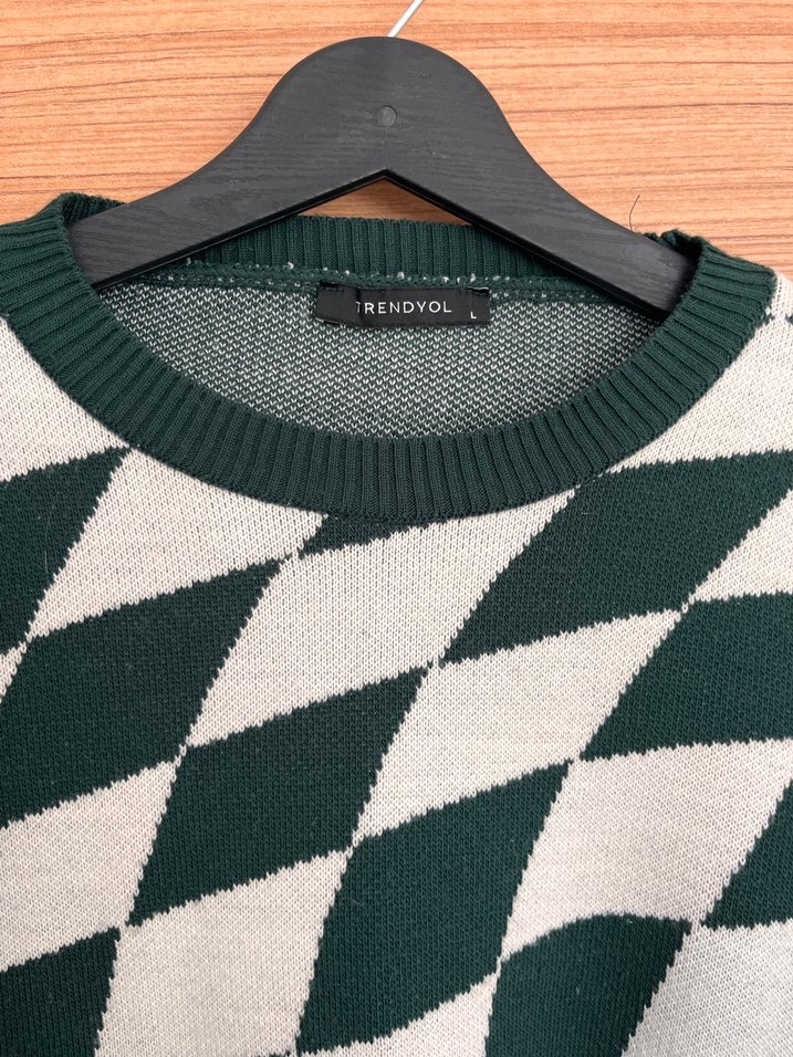 Kadın Yeşil Kareli Triko Kazak - Görsel 2
