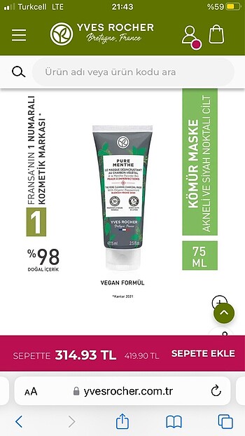 yves rocher pure menthe kömür maske
