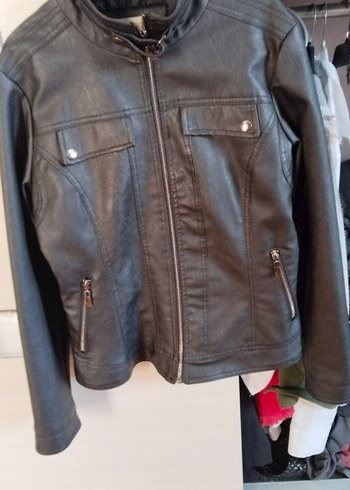 Siyah Deri Fermuarlı Biker Ceket