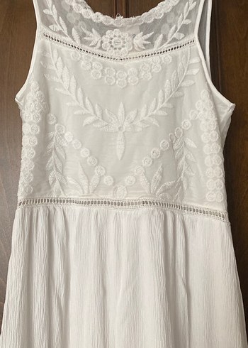 H&M Bohem İşlemeli Beyaz Midi Keten Elbise