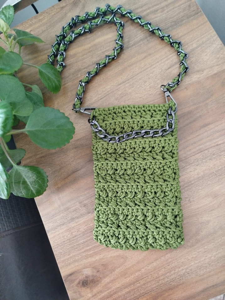 Pembe Örgü Zincir Detaylı Kadın Çapraz telefon Çanta - Görsel 2