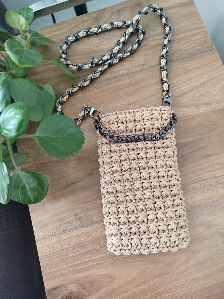 Pembe Örgü Zincir Detaylı Kadın Çapraz telefon Çanta - Görsel 4