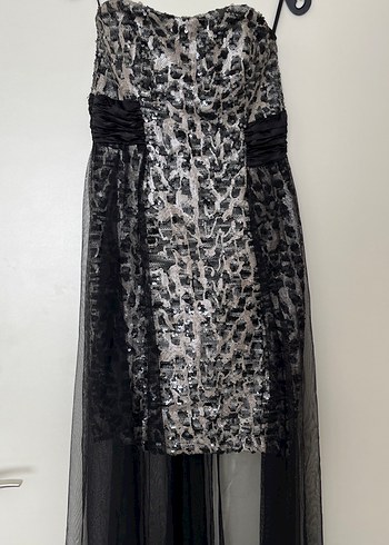 Leopar Desenli Siyah Uzun Straplez Elbise - Görsel 2