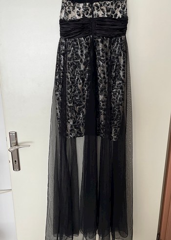 Leopar Desenli Siyah Uzun Straplez Elbise - Görsel 4