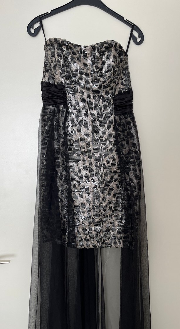 Leopar Desenli Siyah Uzun Straplez Elbise - Görsel 2