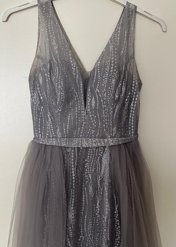 Gri Uzun Drapeli Abiye Elbise - Görsel 3