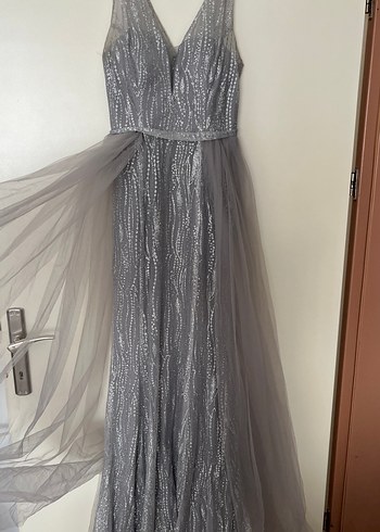 Gri Uzun Drapeli Abiye Elbise - Görsel 4