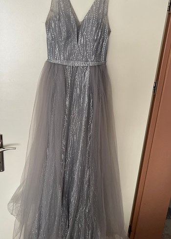 Gri Uzun Drapeli Abiye Elbise - Görsel 2