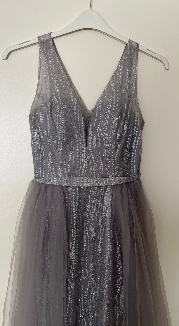 Gri Uzun Drapeli Abiye Elbise - Görsel 3