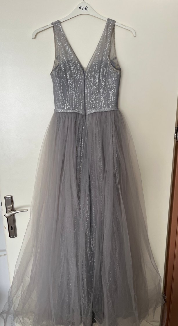 Gri Uzun Drapeli Abiye Elbise - Görsel 5