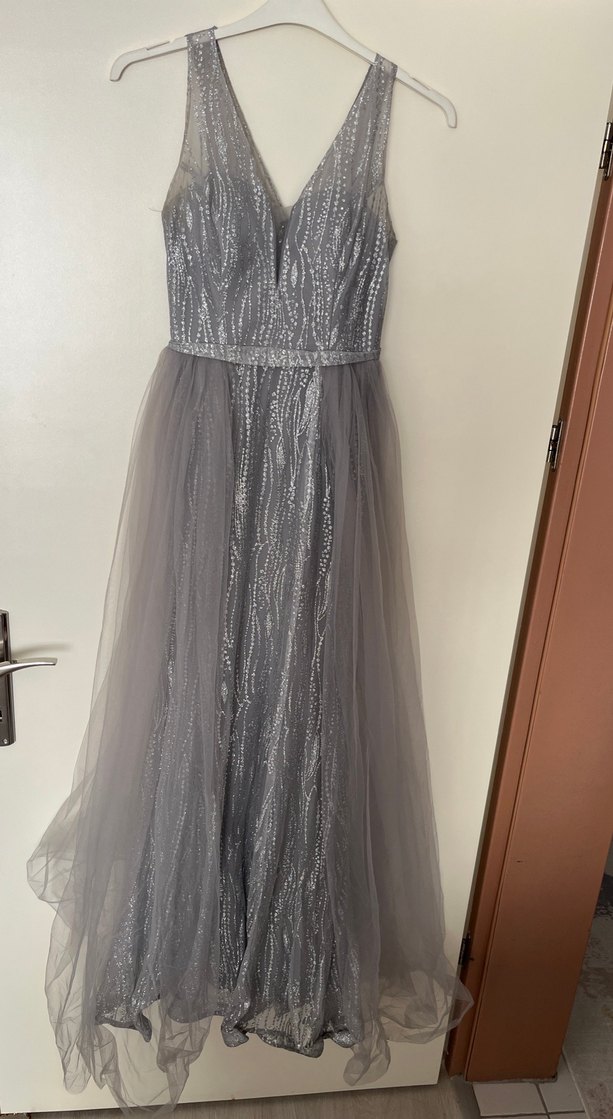 Gri Uzun Drapeli Abiye Elbise - Görsel 2