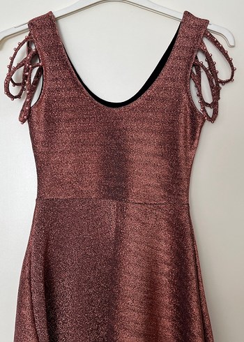 Bordo Parlak Midi V Yaka Askılı Elbise - Görsel 4