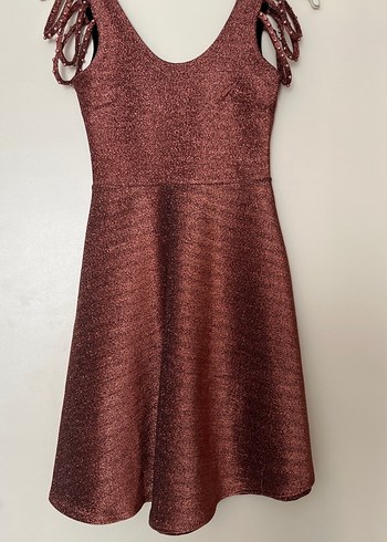 Bordo Parlak Midi V Yaka Askılı Elbise - Görsel 2