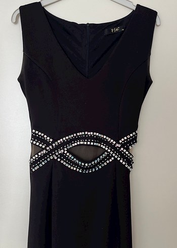 Siyah Nakışlı V Yakalı Uzun Abiye Elbise - Görsel 3