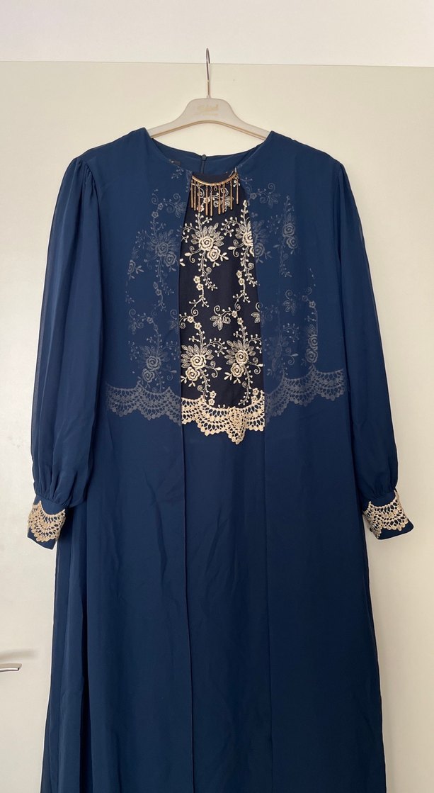 Dantel İşlemeli Lacivert Uzun Kollu Kadın Elbise - Görsel 2