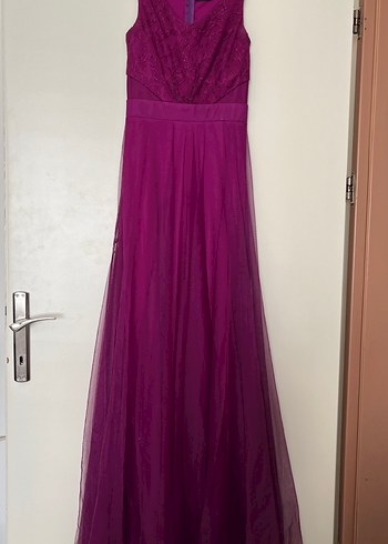 Mor Dantel Detaylı Uzun Abiye Elbise - Görsel 2