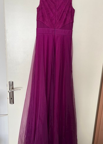 Mor Dantel Detaylı Uzun Abiye Elbise - Görsel 5