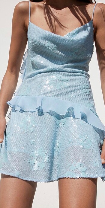 Zara Zara Pullu Fırfırlı Mavi Elbise