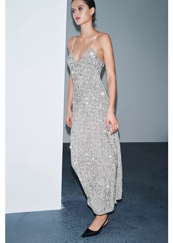 Uzun Pullu Gümüş Elbise - Görsel 4