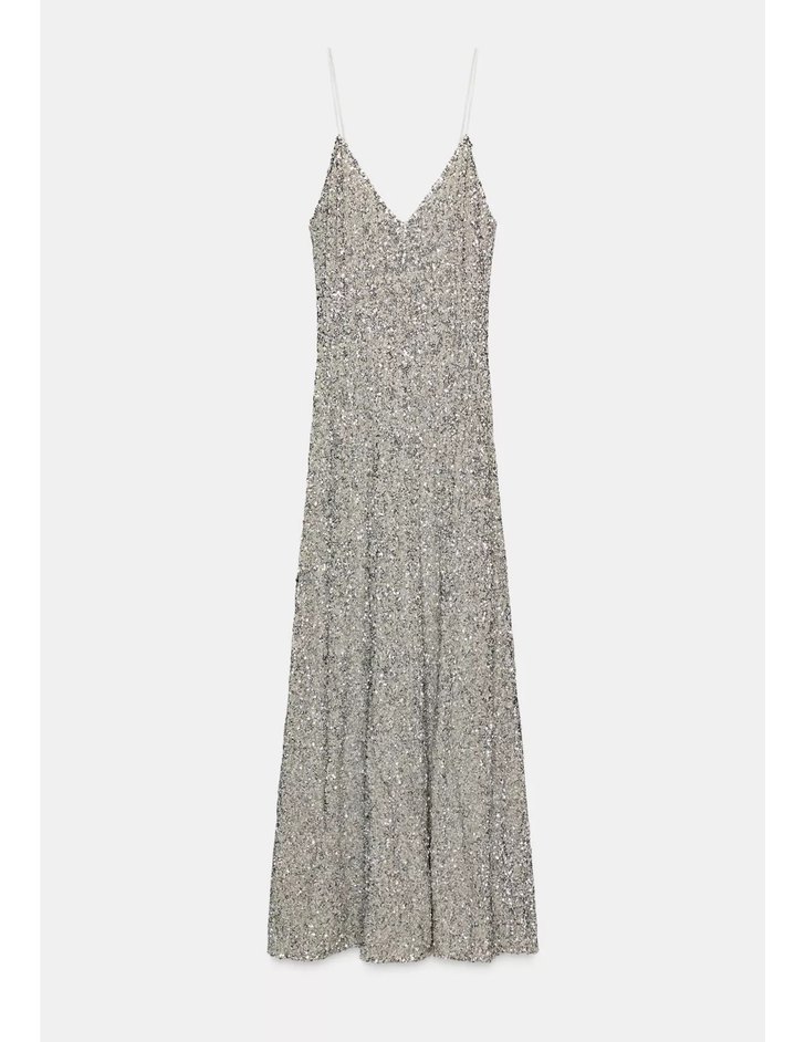 Uzun Pullu Gümüş Elbise - Görsel 5